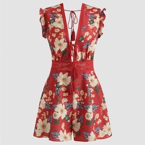 Floral lace deep v-neck romper